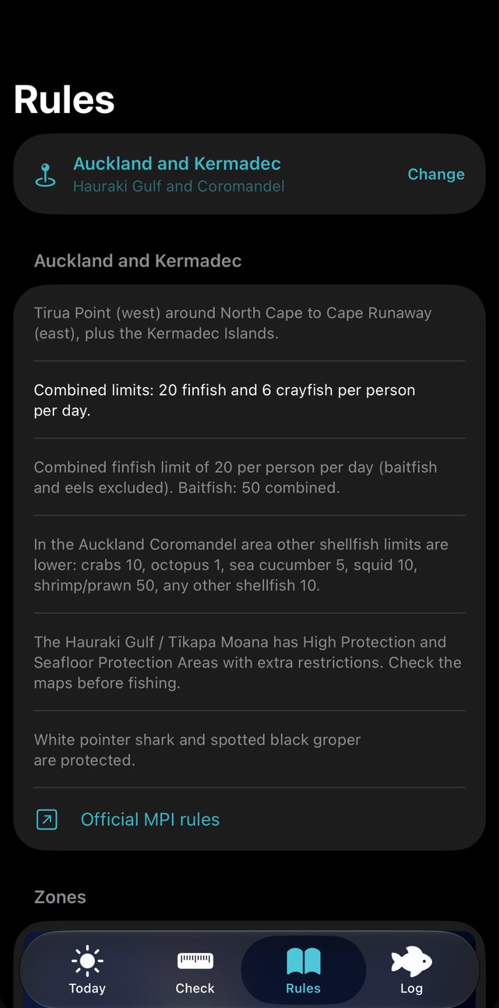 The Rules screen for Auckland and Kermadec, listing combined limits and protected species.
