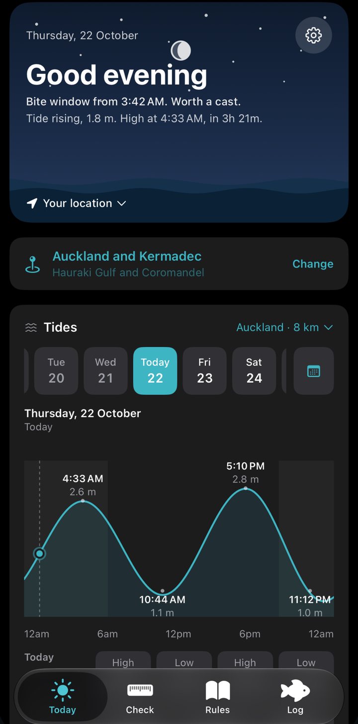 The KiwiCatch Today screen: the next bite window, the tide rising toward high at 4:33 am, and the Auckland tide chart.